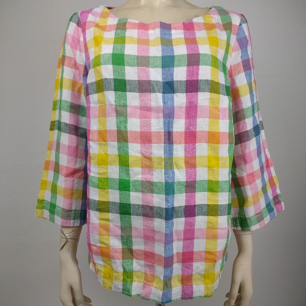 Boden colorful plaid check 100% Linen round neck 3/4 sleeve blouse top ladies 12